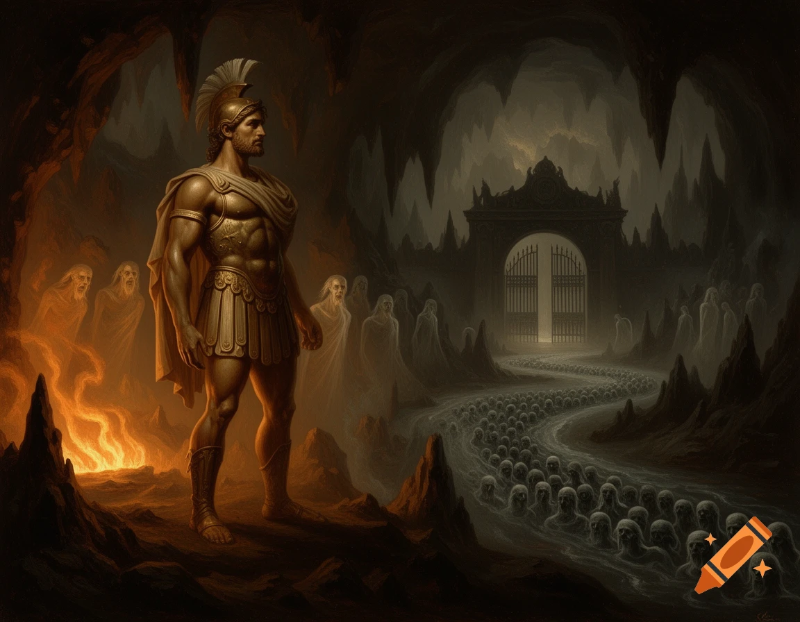 A muscular warrior in golden armor and helmet stands in a dark, cavernous underworld with a fiery pit, observing a river of ghostly faces leading to a grand gate.