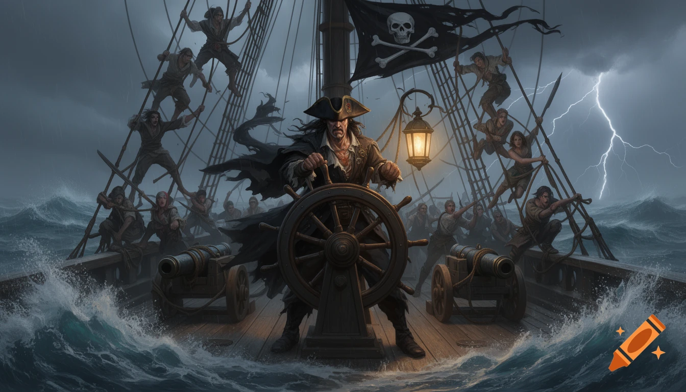 A pirate captain steers his ship through a violent storm, surrounded by his crew and a skull and crossbones flag. Dark fantasy art.