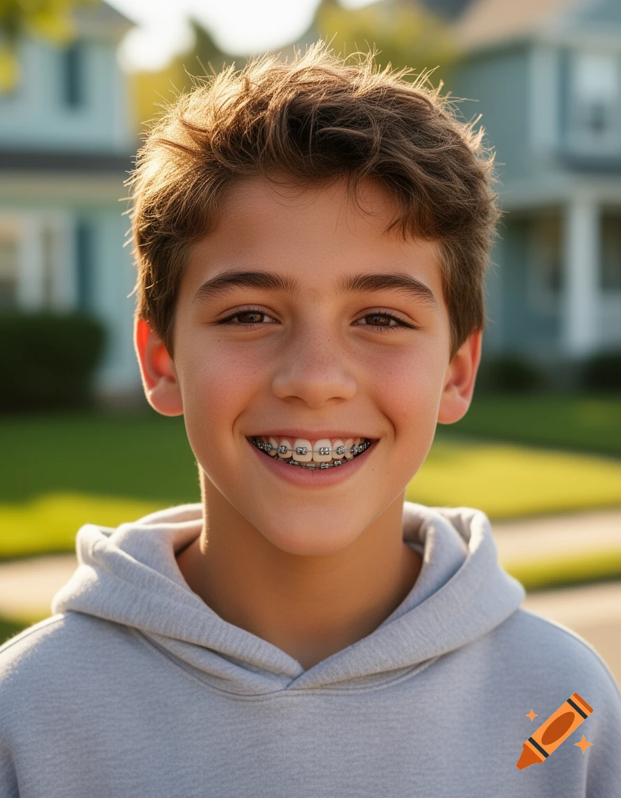 A smiling teenage boy with braces, wearing a grey hoodie, standing outdoors in a sunny suburban neighborhood.