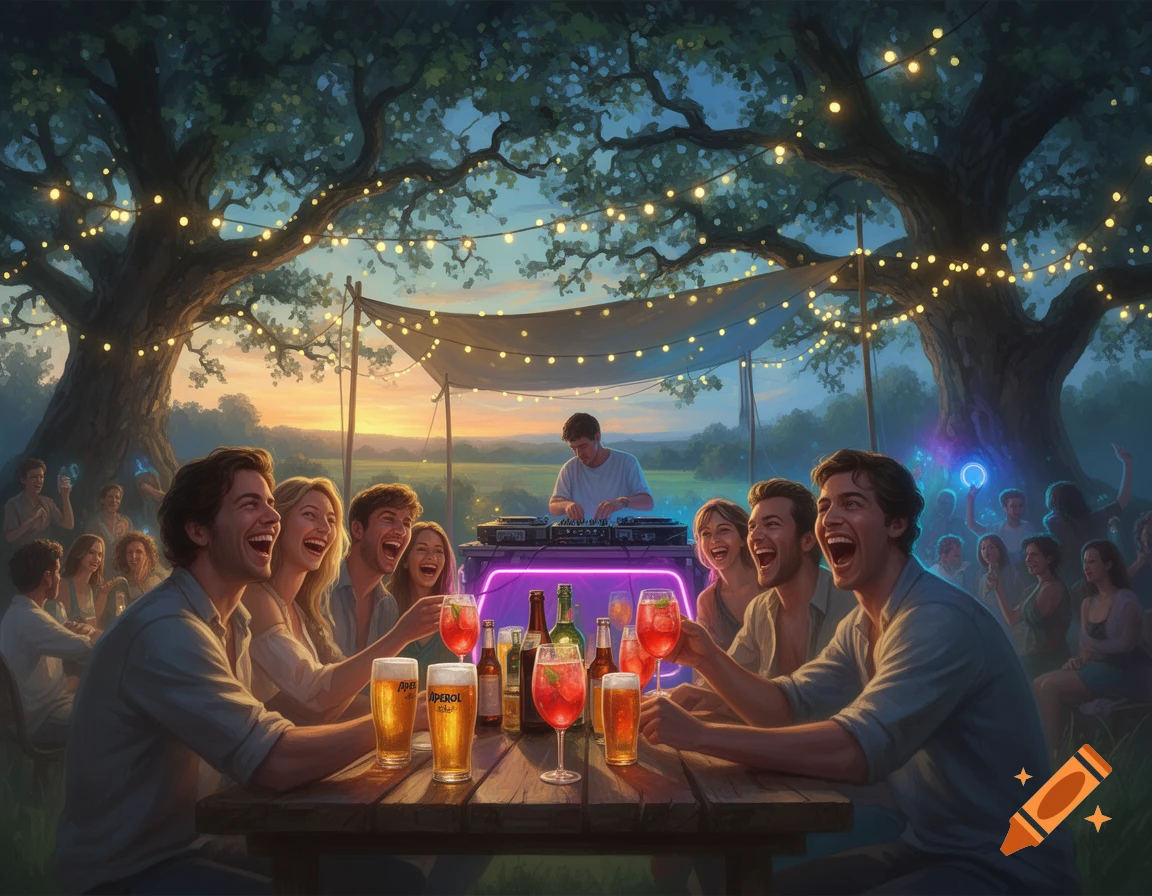 Friends laugh and toast with beers and spritz at an outdoor party under string lights in trees, with a DJ in the background.