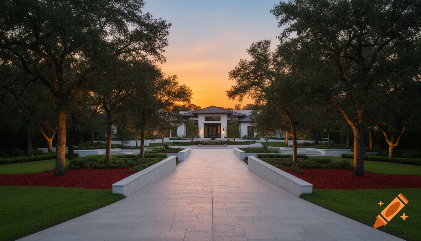 Photorealistic view of a luxurious modern mansion with a long stone driveway and manicured landscaping at sunset.