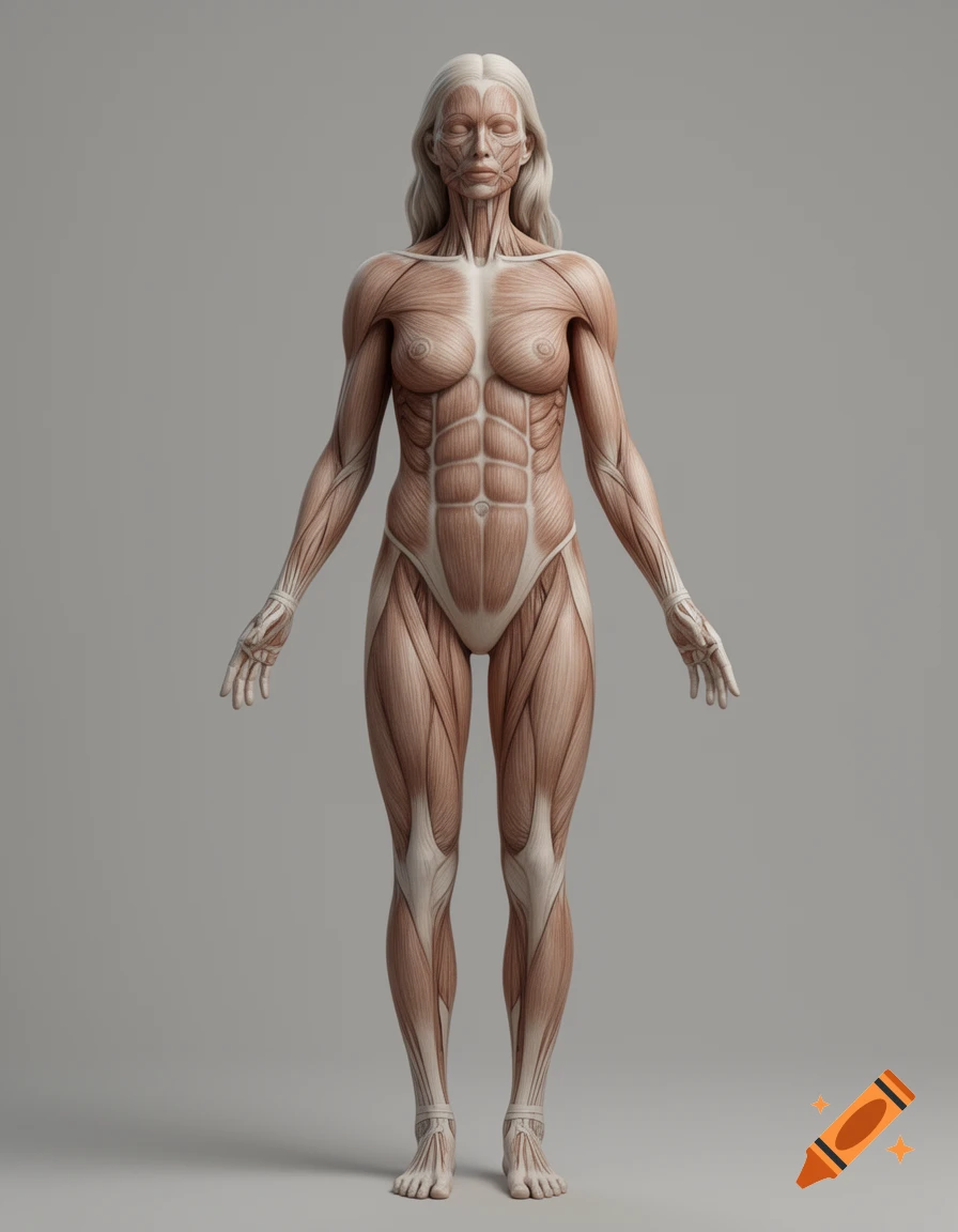 Full-body female anatomical model revealing muscle structure, standing in a neutral pose against a plain background.