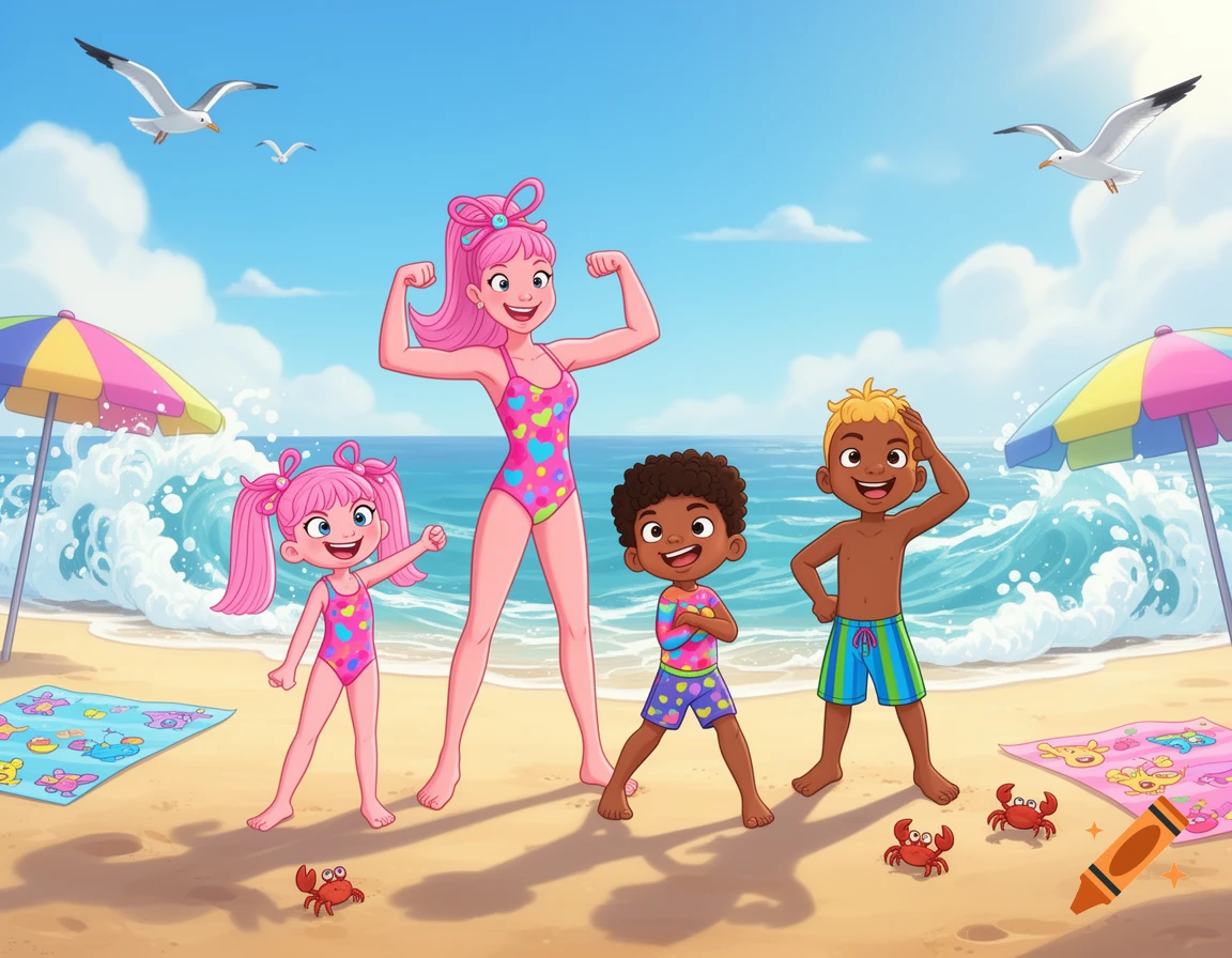 A 2D cartoon shows a pink-haired mother and daughter flexing at a sunny beach with two boys, umbrellas, and seagulls.