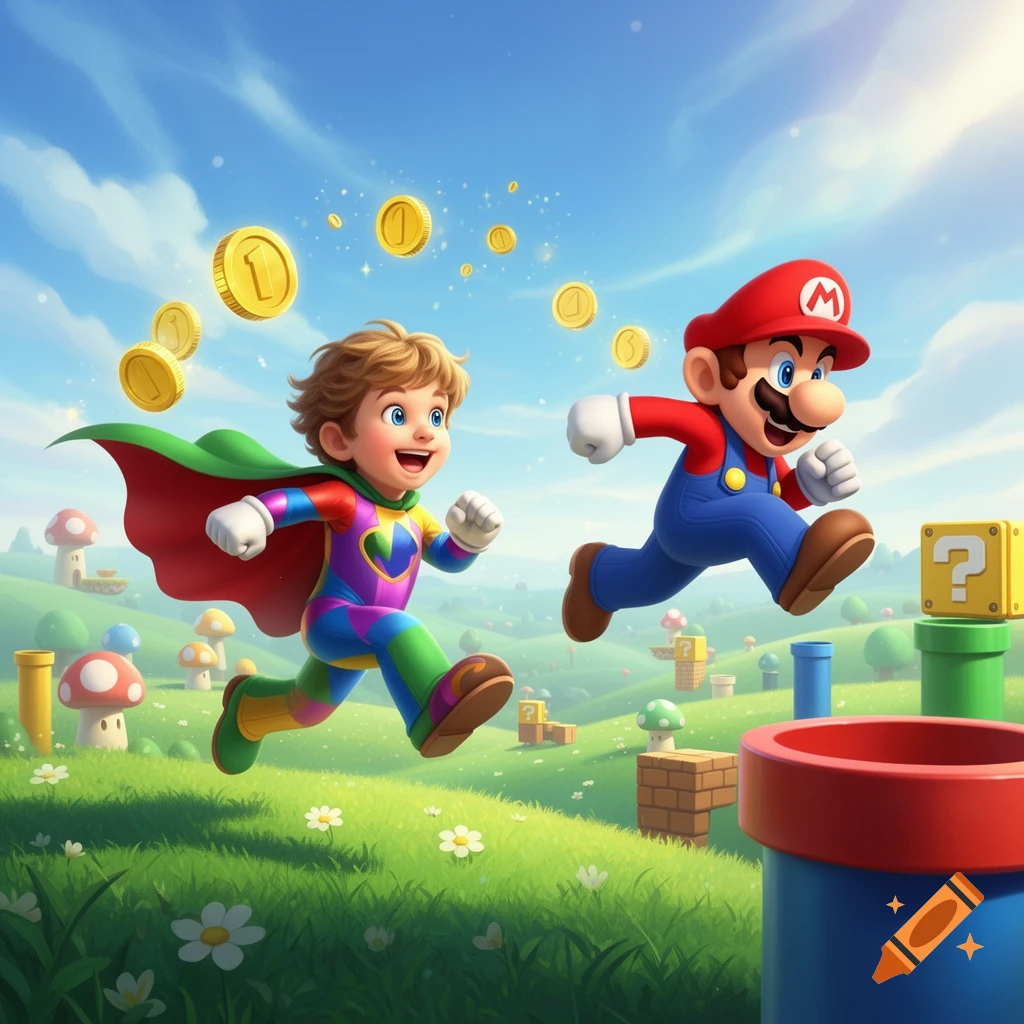 Mario and a child in a colorful superhero costume run through a vibrant, cartoonish Super Mario landscape with coins and blocks.