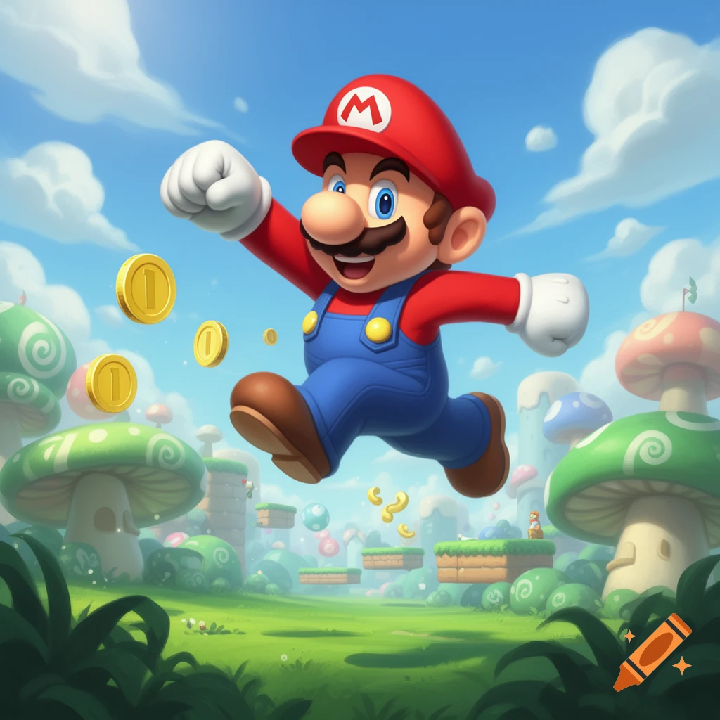 Super Mario running and jumping with gold coins in a vibrant, cartoonish fantasy landscape with green hills and mushroom structures.