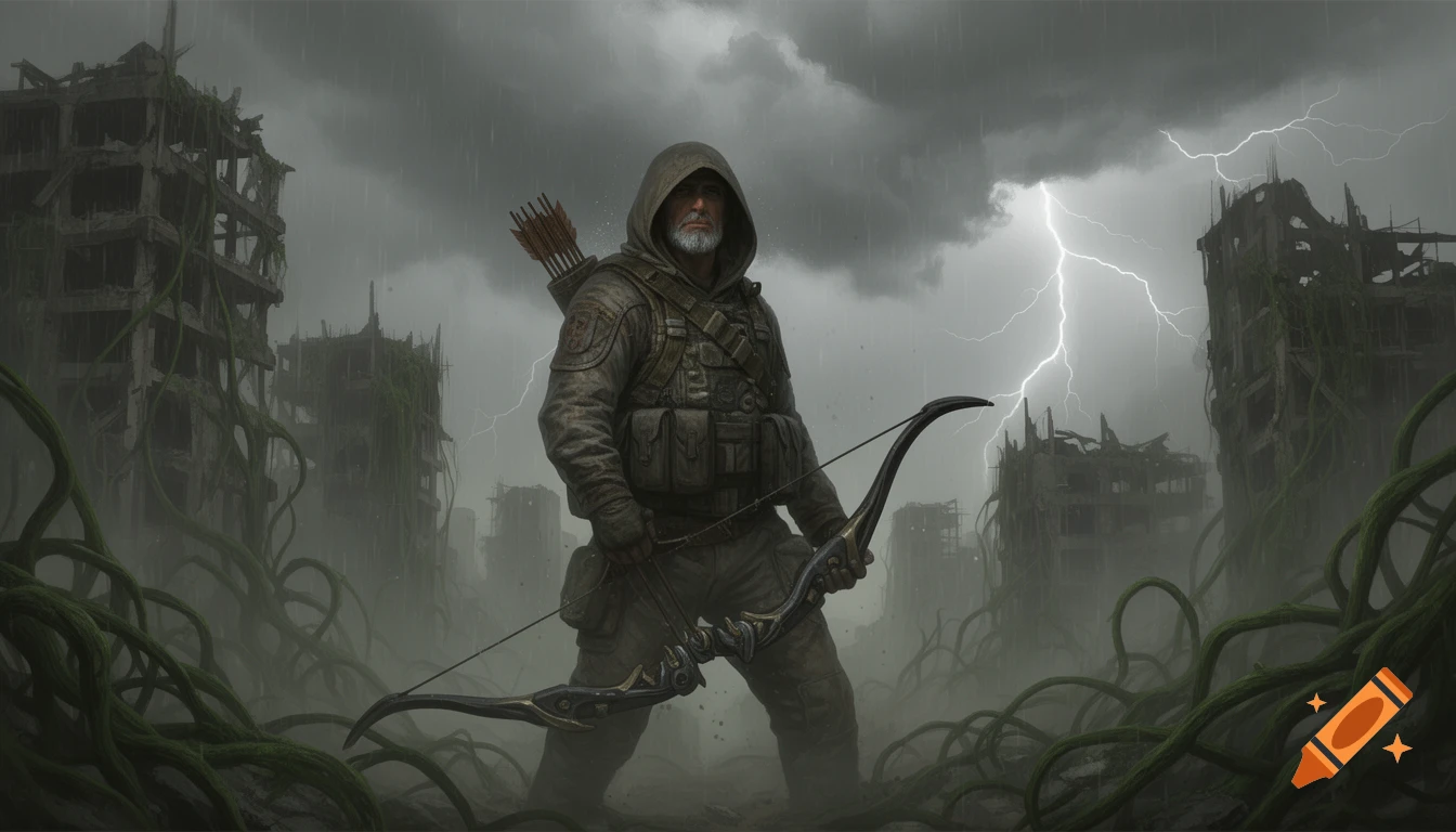 A hooded archer stands in a rainy, lightning-struck, overgrown post-apocalyptic city, holding a stylized bow.