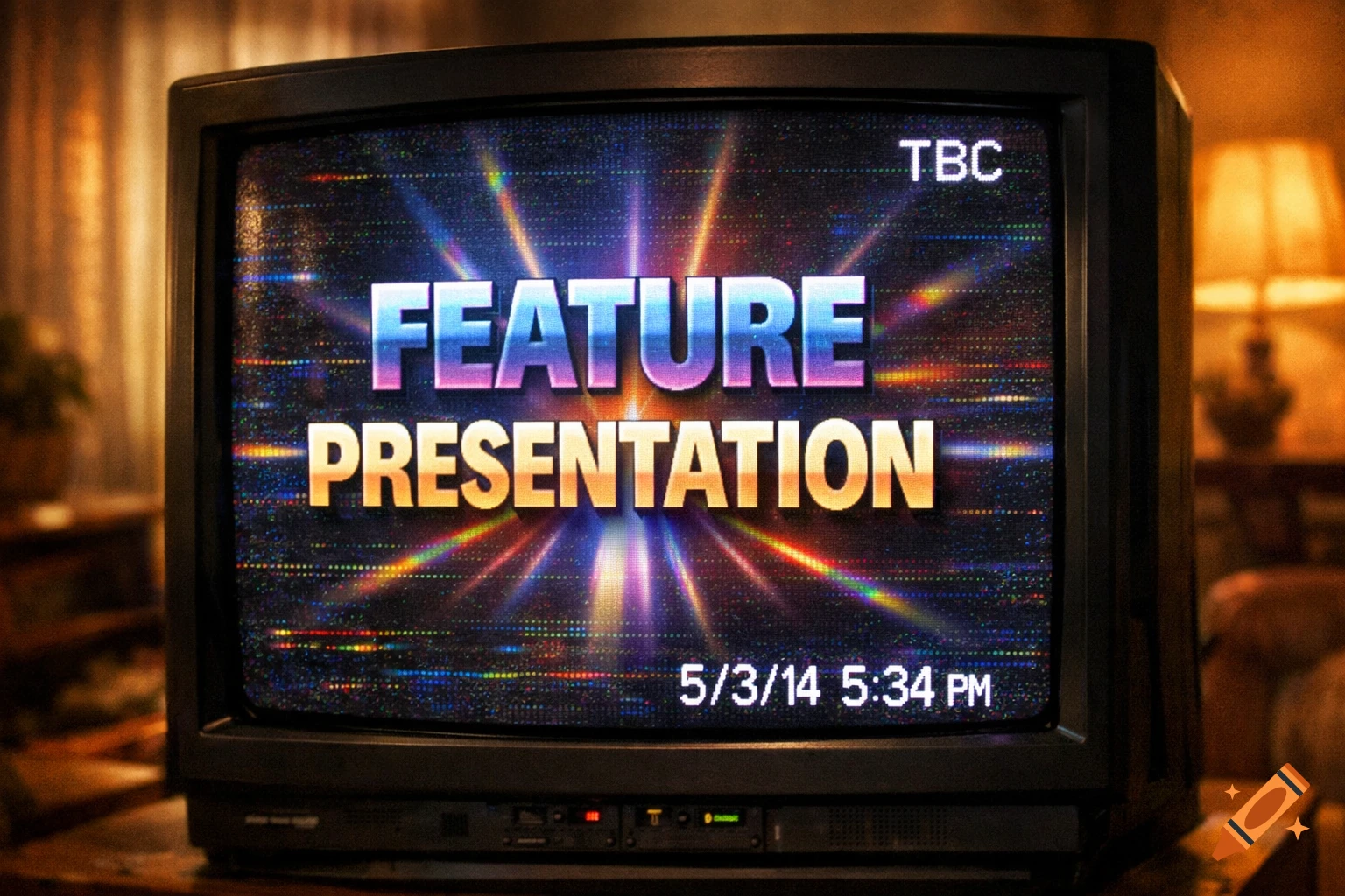 Retro CRT television displaying a 'FEATURE PRESENTATION' title card with colorful VHS static, also showing 'TBC' and '5/3/14 5:34 PM'.