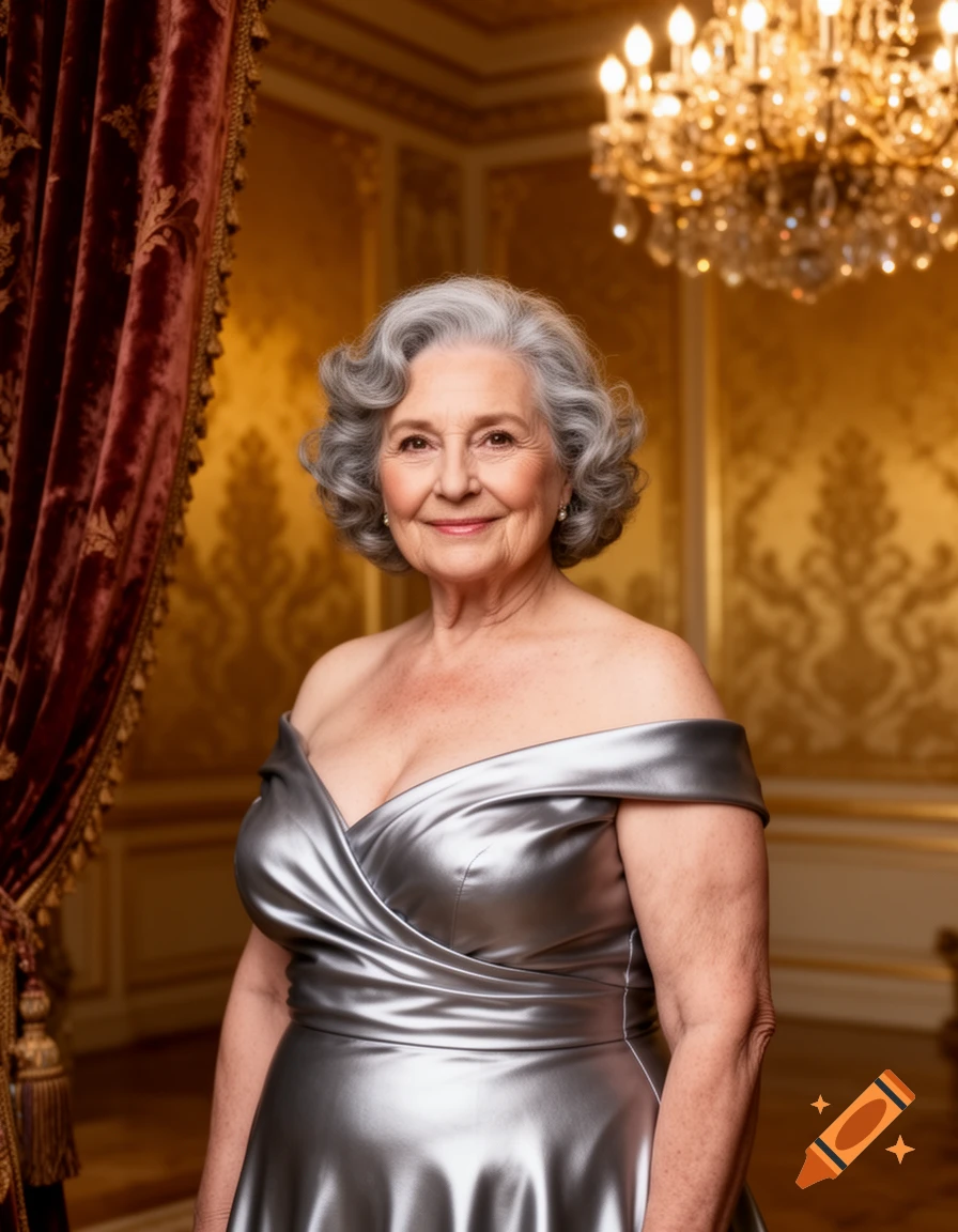 Photorealistic portrait of an elegant elderly woman with gray hair, smiling in a silver off-shoulder dress, in a luxurious room.