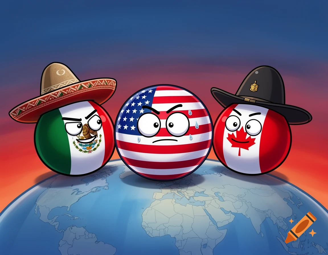 Cartoon countryballs of Mexico and Canada, wearing hats and looking mischievous, stand on a globe beside a scared USA countryball, under a blue and red sky.