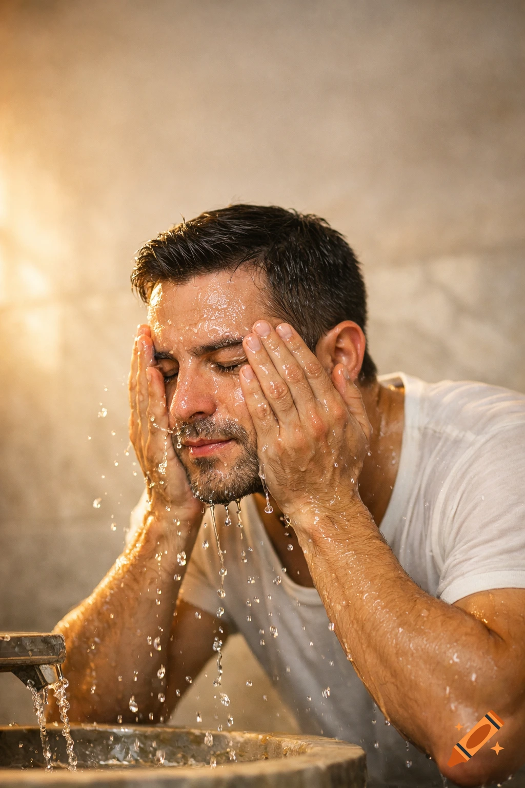 A photorealistic image of a man with closed eyes washing his face with water, droplets splashing, in a golden hour lit spa setting.