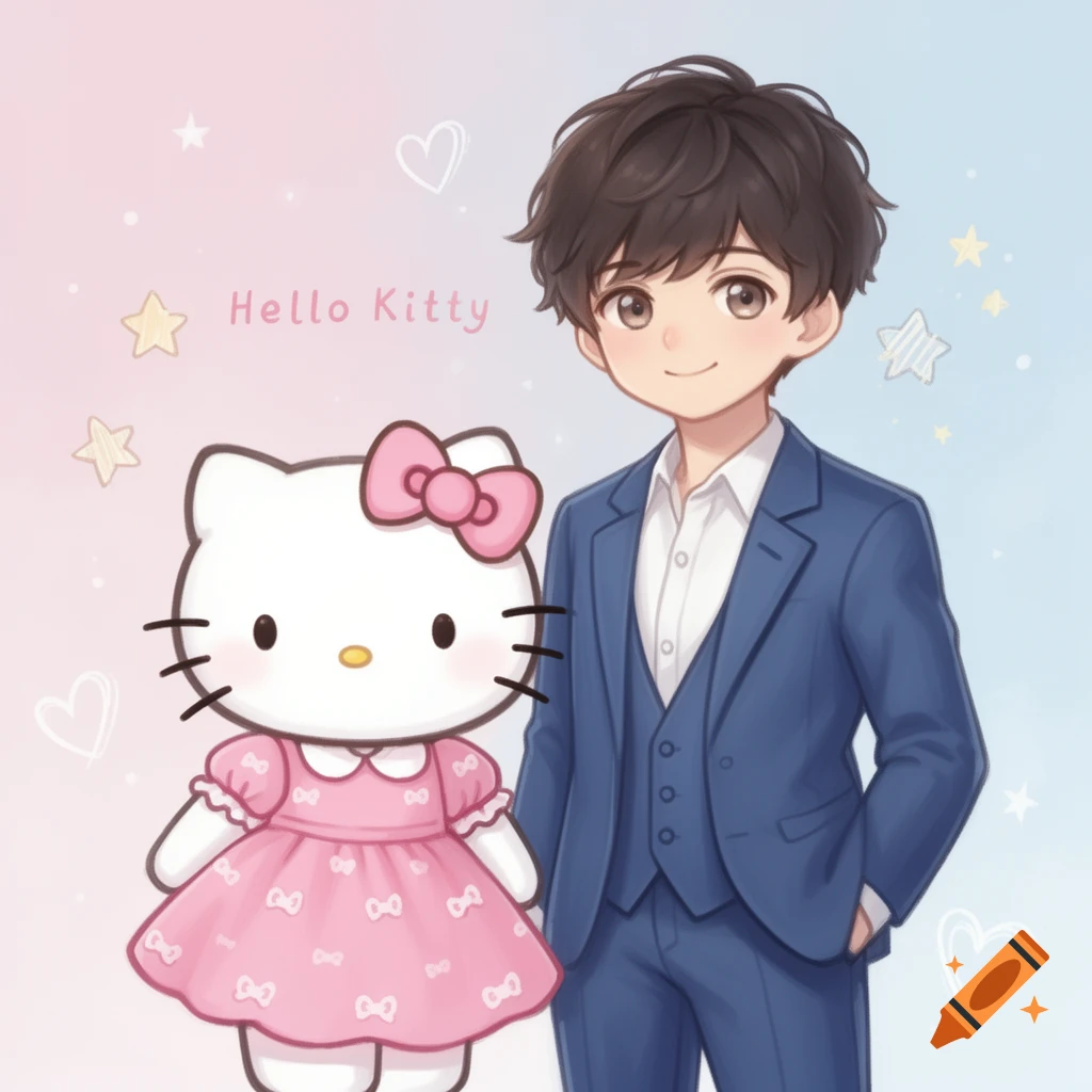 Anime drawing of Hello Kitty in a pink dress next to a boy in a blue suit, on a pink and blue background with 'Hello Kitty' text.