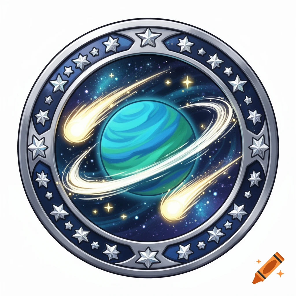 A stylized circular Pokémon badge featuring a central blue and green planet with rings, surrounded by glowing comets and stars against a starry dark blue space background.