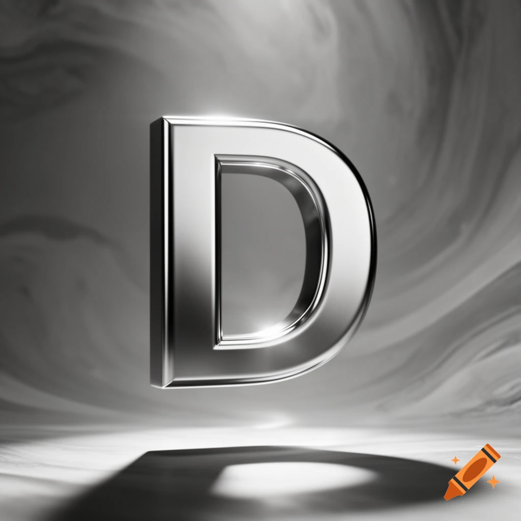 Shiny metallic 3D letter D floating in a smoky grey environment with soft lighting and reflections.