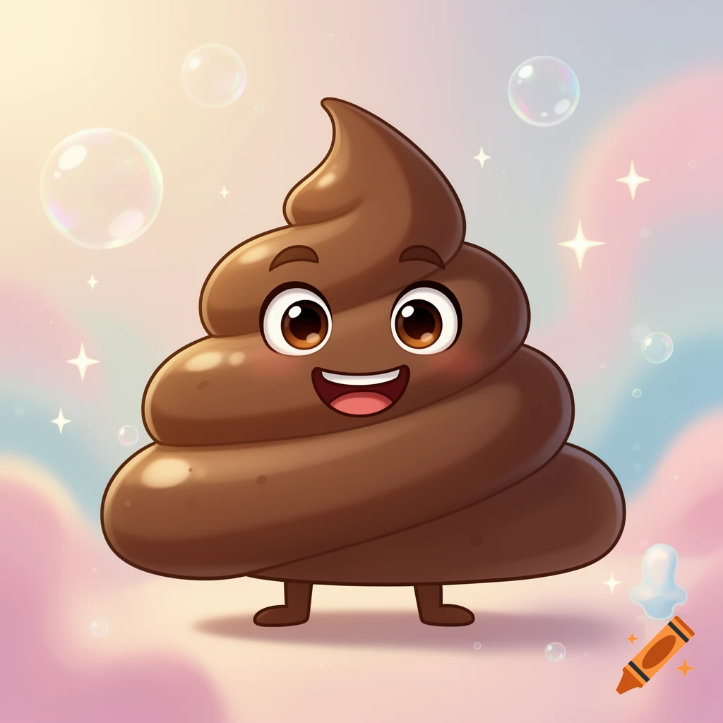 A cute, happy cartoon poop emoji with big eyes and a smile stands against a pastel pink and blue background with bubbles and sparkles.