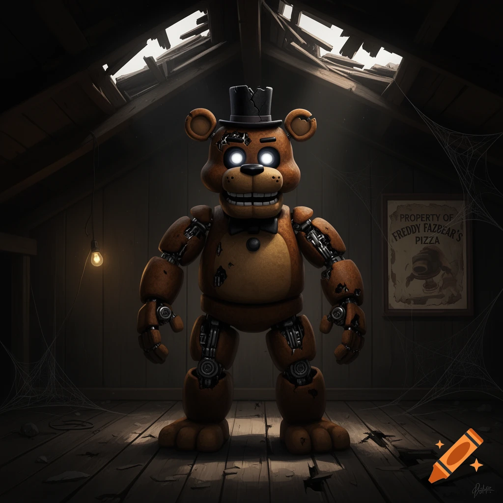 Freddy Fazbear, a brown animatronic bear with glowing eyes and a top hat, stands in a dusty, dilapidated attic with a sign on the wall.