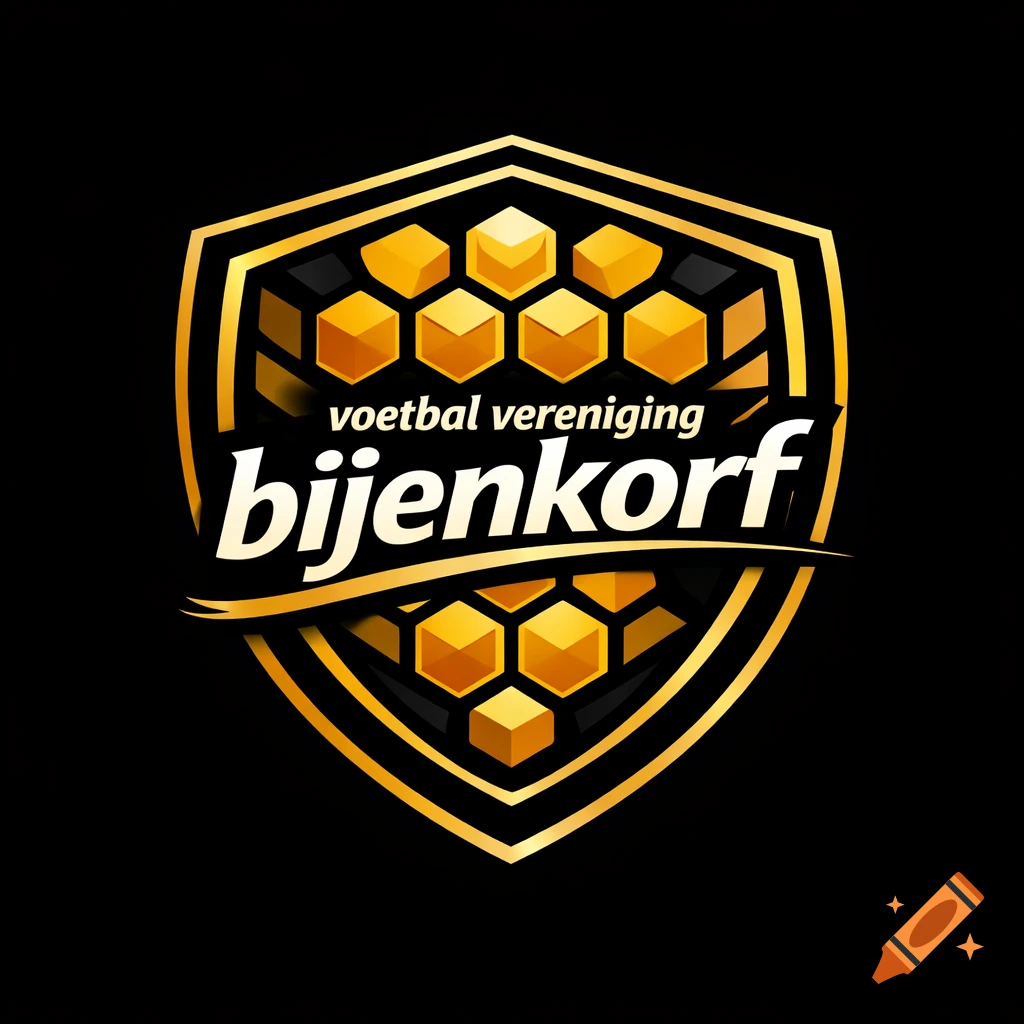 A black and gold shield logo for 'voetbal vereniging bijenkorf' featuring a honeycomb pattern.
