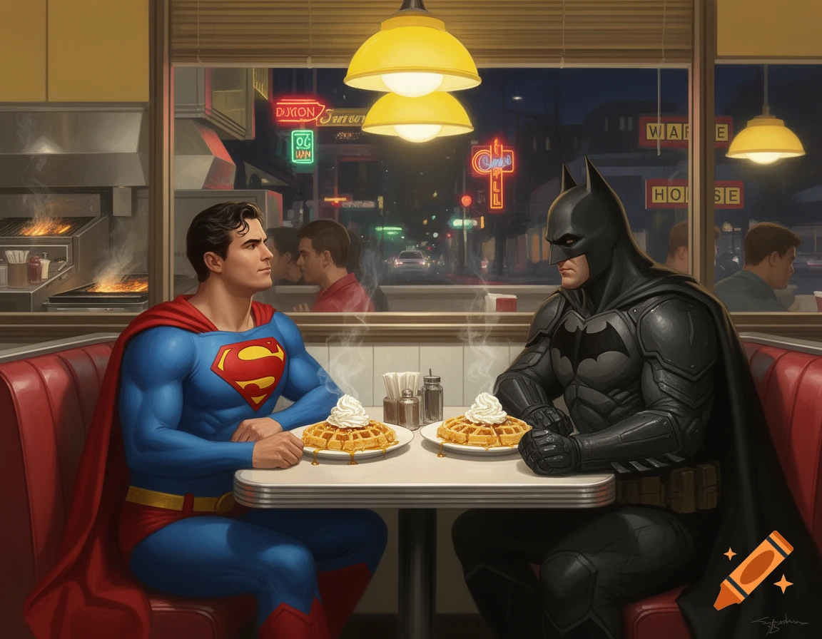 Superman and Batman sit opposite each other at a diner booth, each with a plate of waffles. Neon signs glow outside the window.