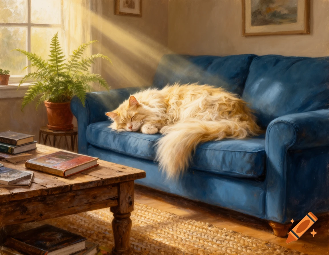 Oil painting of a fluffy orange cat sleeping soundly on a blue couch in a sunlit, cozy living room.