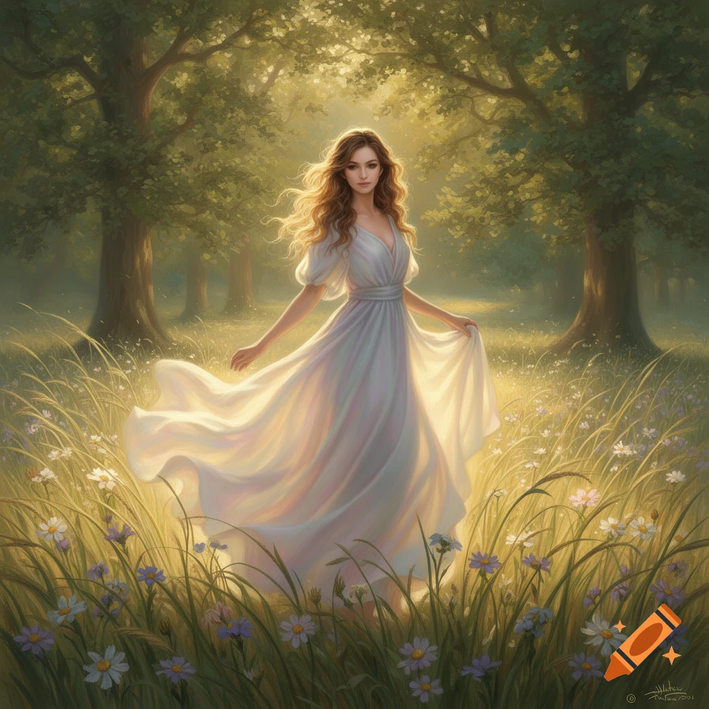 An ethereal woman in a flowing white dress stands in a sunlit forest ...
