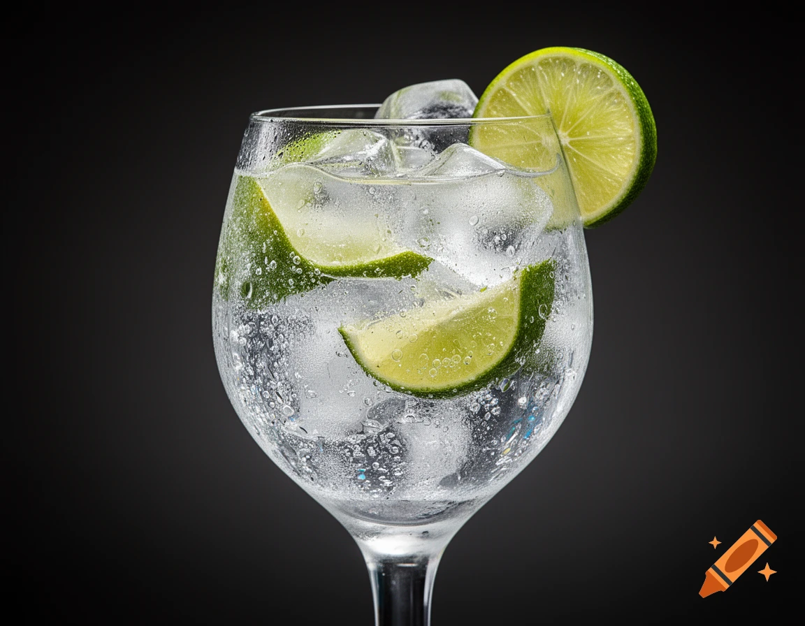 Photorealistic close-up of a clear cocktail with ice and lime slices in a stemmed glass, covered in condensation.