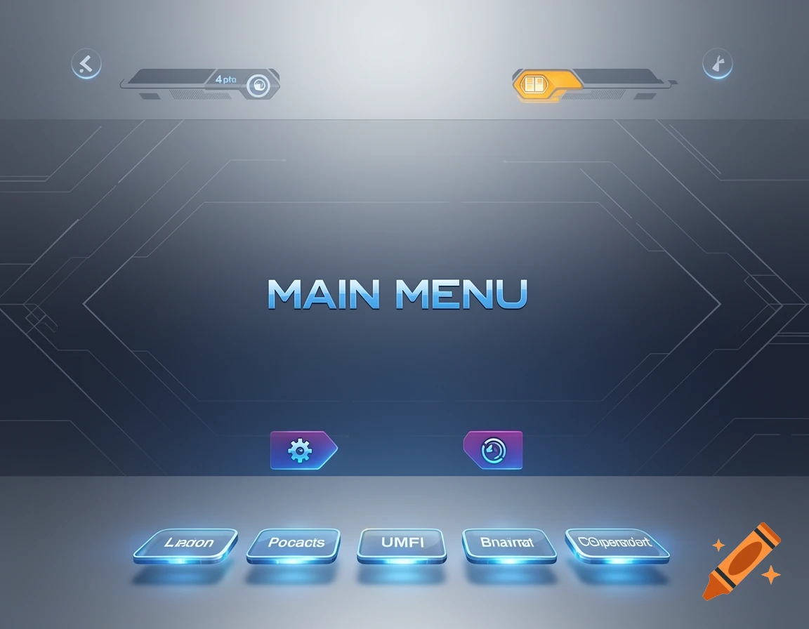 A dark blue futuristic user interface screen with glowing blue text that reads "MAIN MENU" at the center and several garbled text labels on buttons below. Cybernetic lines and glowing elements are visible in the background.