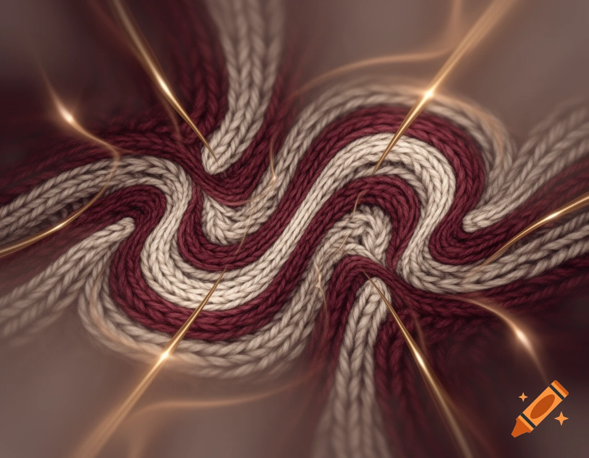 Abstract design of swirling dark red and off-white knitted patterns with golden glowing needles.