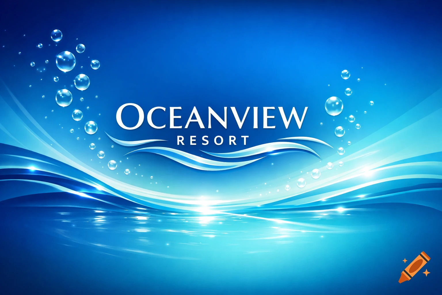 Abstract blue Oceanview Resort logo with waves, bubbles, and glossy reflections.