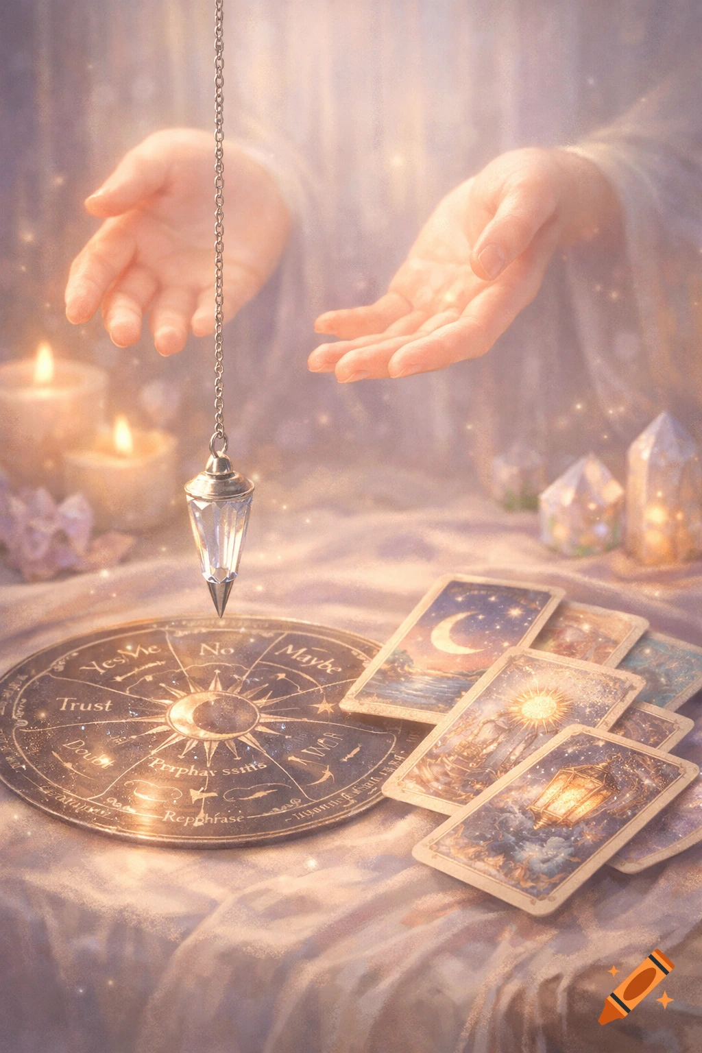 A crystal pendulum hovers over a divination board, surrounded by tarot cards, lit candles, and crystals in a mystical pastel setting.