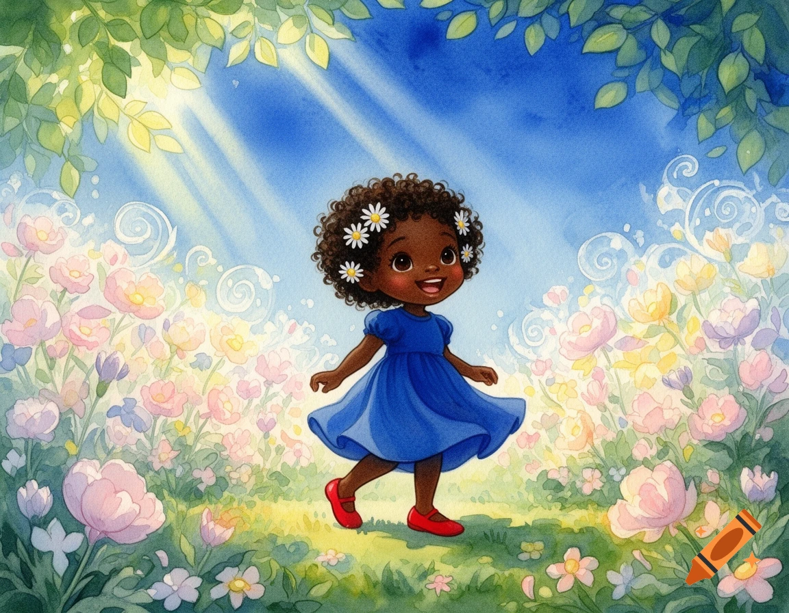 A cute dark-skinned girl with curly hair and daisies in it, wearing a blue dress and red shoes, walking in a vibrant watercolor flower field under sunny skies.