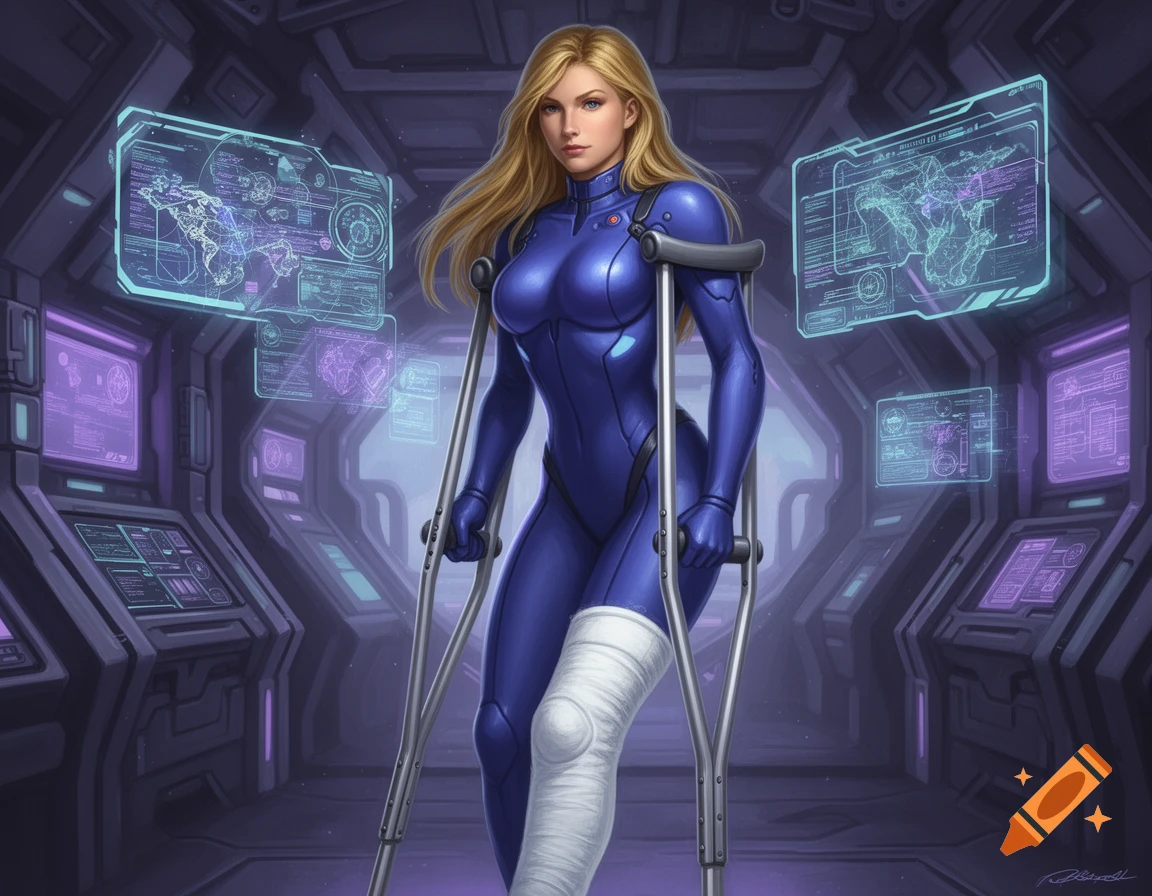 A blonde woman in a blue sci-fi suit with a leg cast and crutches stands in a futuristic control room.