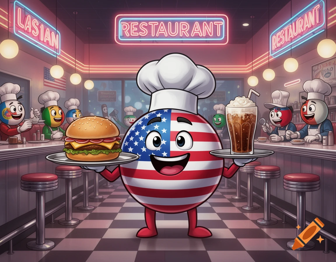 A cartoon American flag countryball chef holding a burger and a milkshake in a retro diner, with other countryball chefs in the background.
