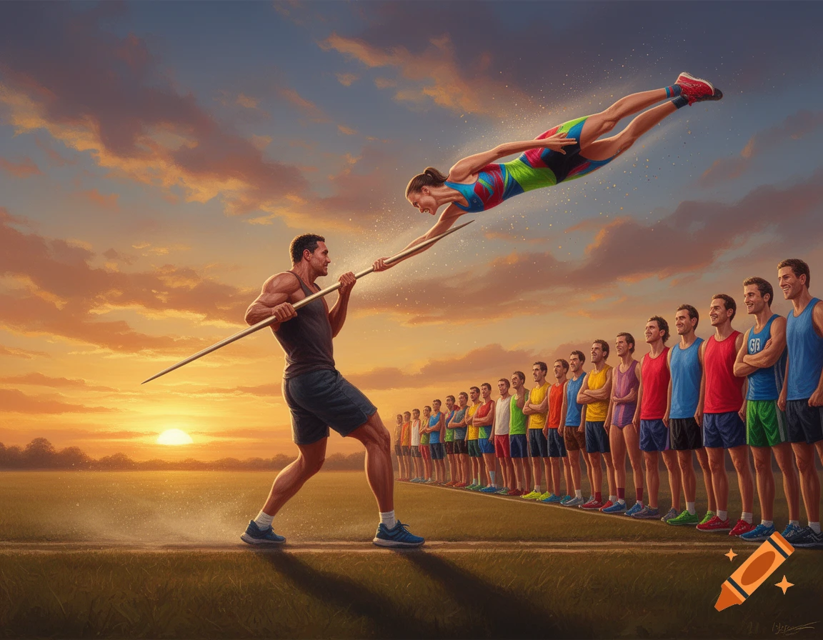 A muscular man throws a woman in colorful sportswear like a javelin, as a line of men watch at sunset in a field.