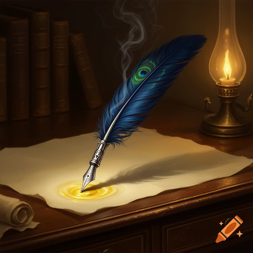 A vibrant blue peacock feather quill pen with a metal nib stands upright on an old paper scroll, glowing with golden light. Old books and an oil lamp are in the background on a wooden desk.