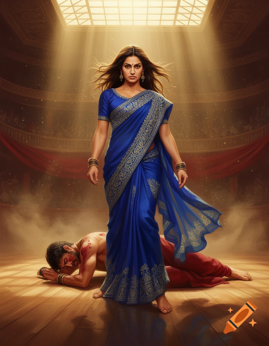 A woman in a blue saree stands dominant over a defeated, shirtless man lying on the ground in an arena under a skylight.
