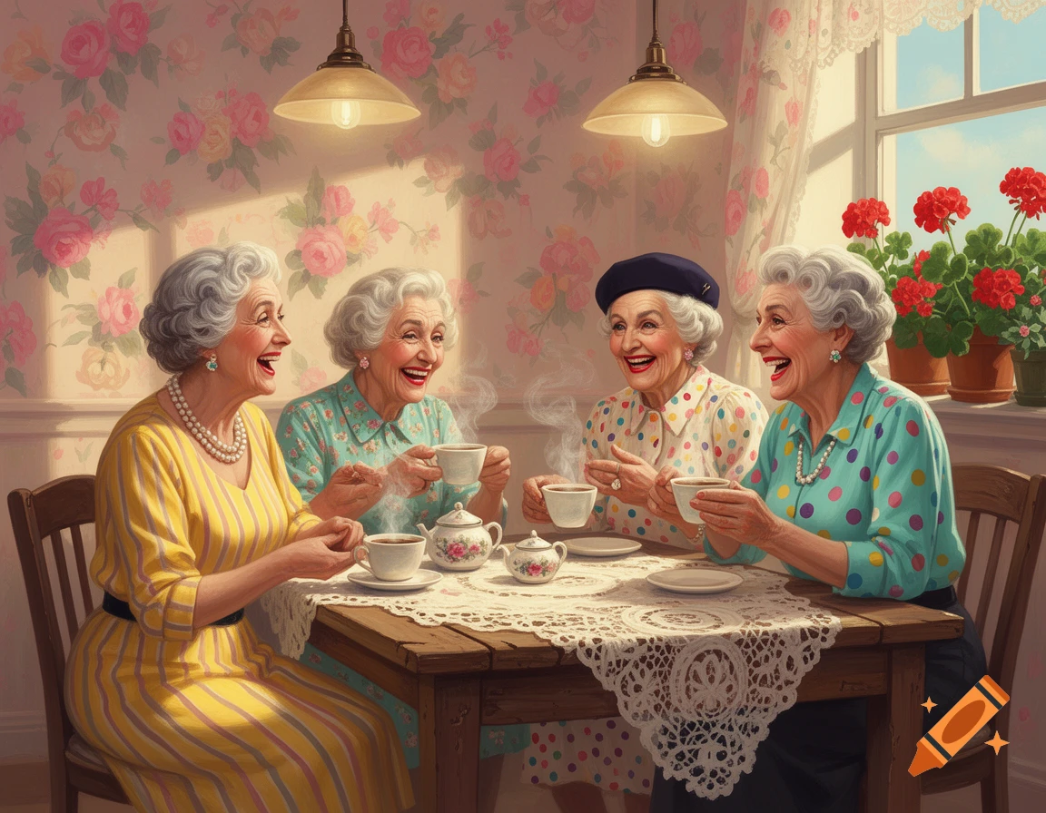 Four smiling elderly women with gray hair enjoy a tea party at a vintage-style table, laughing in a room with floral wallpaper and potted red flowers.