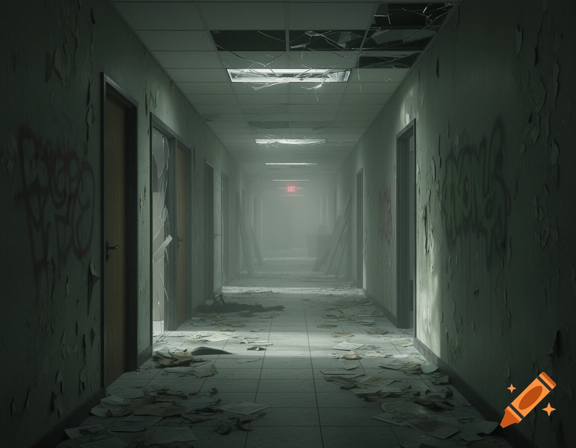 A long, dark, and foggy abandoned office hallway with peeling paint, broken ceiling tiles, scattered papers, and illegible graffiti on the walls. A red 'EXIT' sign glows in the distance.