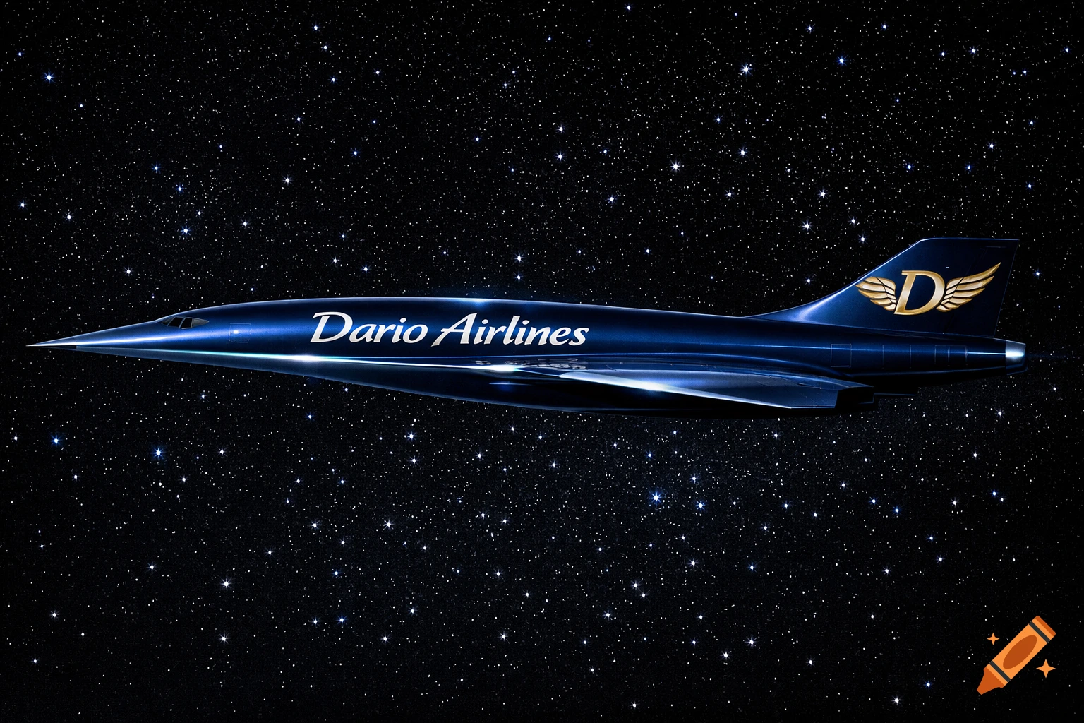A sleek blue hypersonic airplane with 'Dario Airlines' text and a winged 'D' logo on its tail flies against a starry night sky.