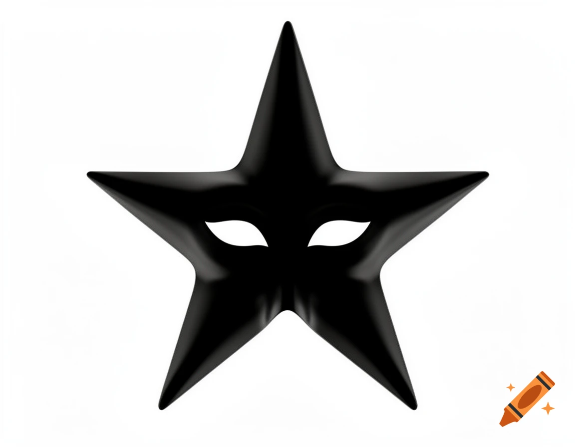 A shiny black star-shaped mask with two eye holes, isolated on a white background.