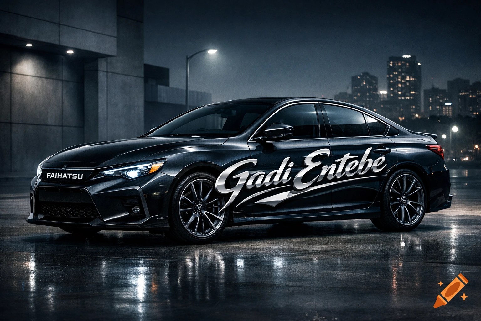 A black FAIHATSU car with 'Gadi Entebe' written on its side, parked on a wet street at night with city lights in the background.