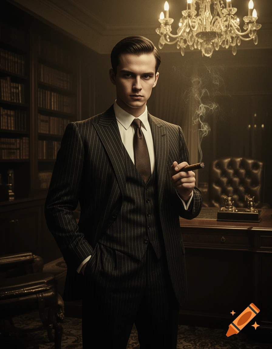 Stern man in pinstripe suit holding a smoking cigar in a dimly lit study with bookshelves and a chandelier, photorealistic.
