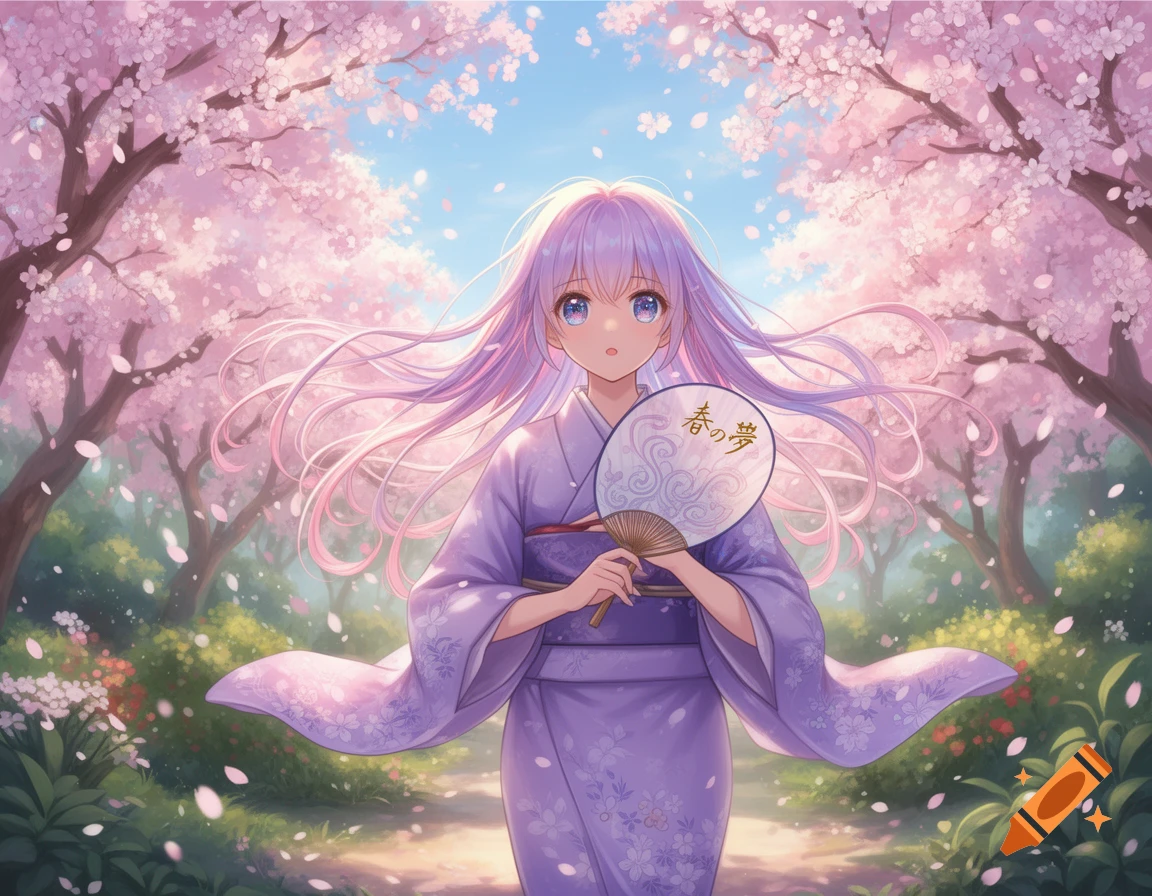 An anime girl with lavender hair in a purple kimono holds a fan under falling pink cherry blossoms.