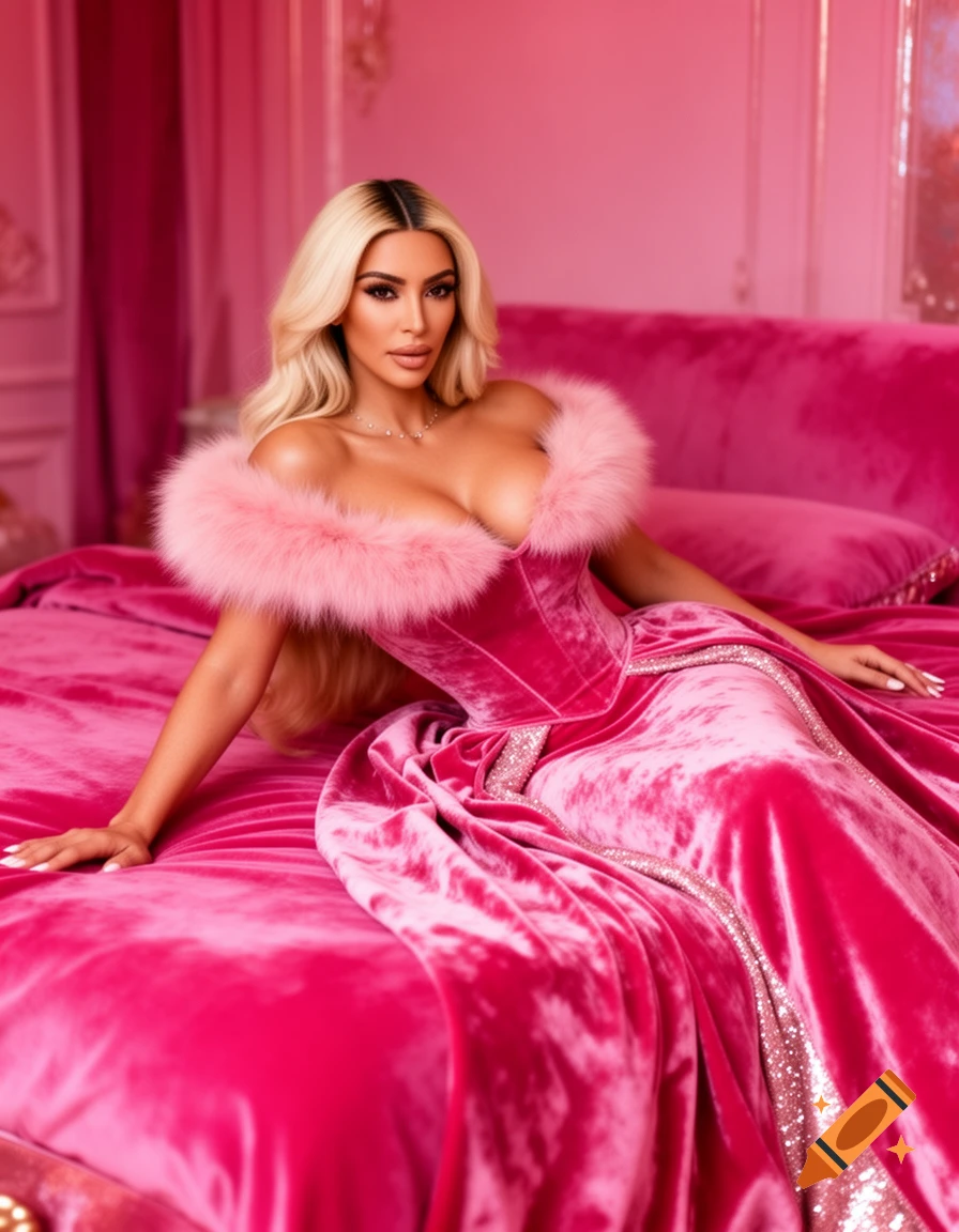 Kim Kardashian on a pink velvet bed, wearing a pink velvet fur-rimmed shoulder-strapless princess dress.