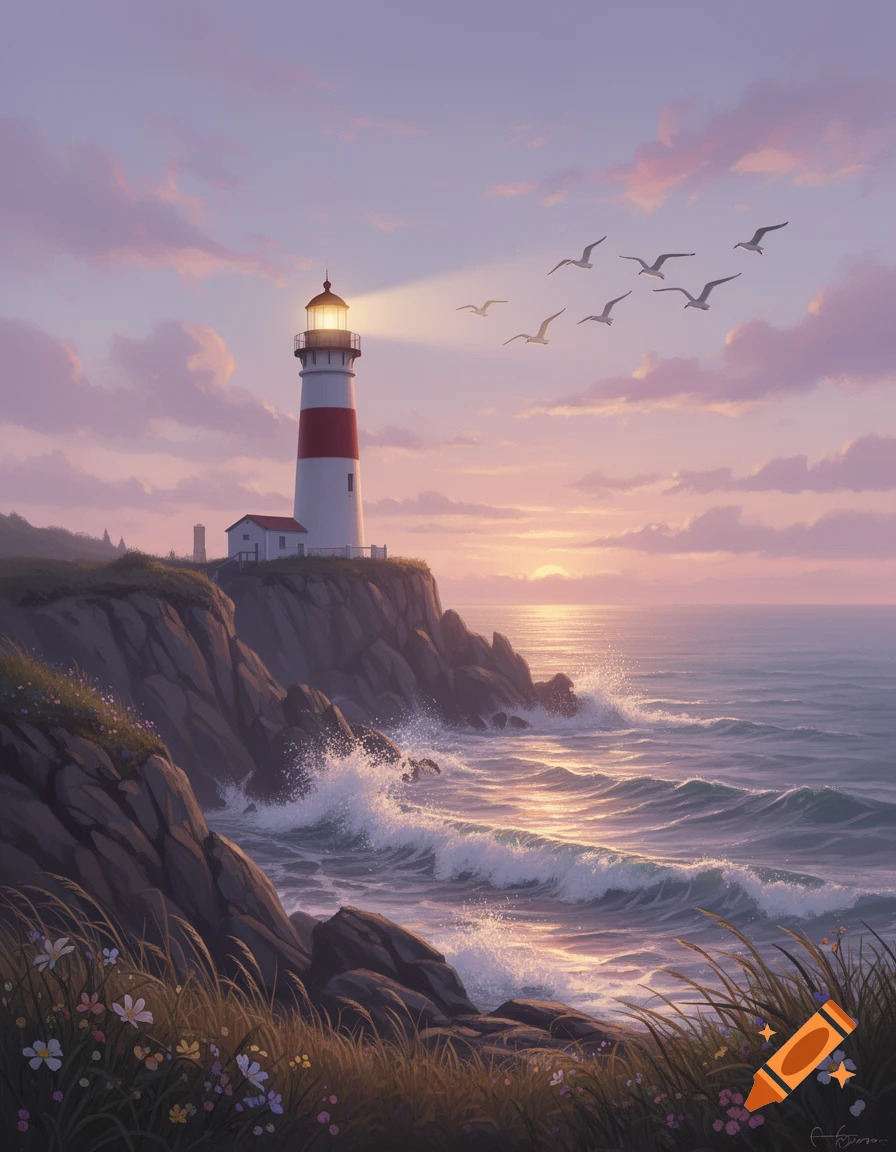 A tranquil painting of a red and white lighthouse on a rocky cliff overlooking a calm ocean at sunset with birds flying.