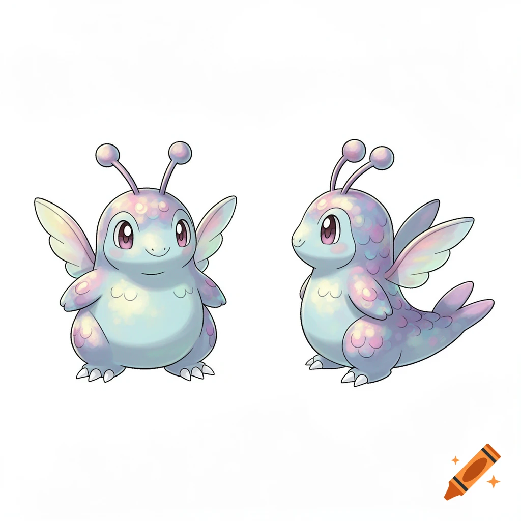 Two cartoon fakemon in official Pokémon style: one front-facing, one side-facing, both light blue and purple with wings on a white background.