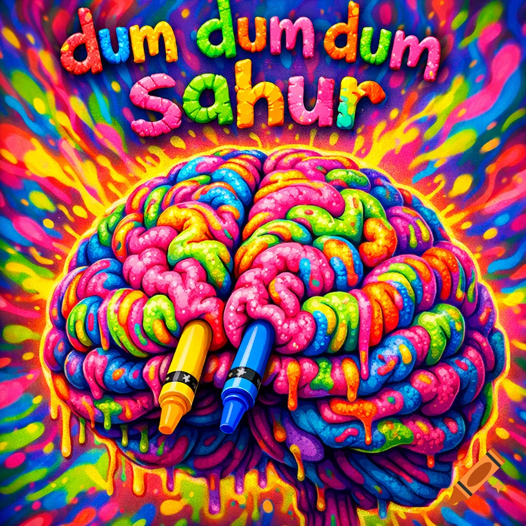 A vibrant, psychedelic brain with candy-like textures, rainbow colors dripping, and two crayons stuck into it, with 'dum dum dum Sahur' text above.