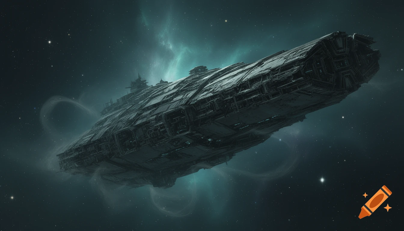 A large, detailed, derelict spaceship floats in deep space with glowing green nebulae and stars.