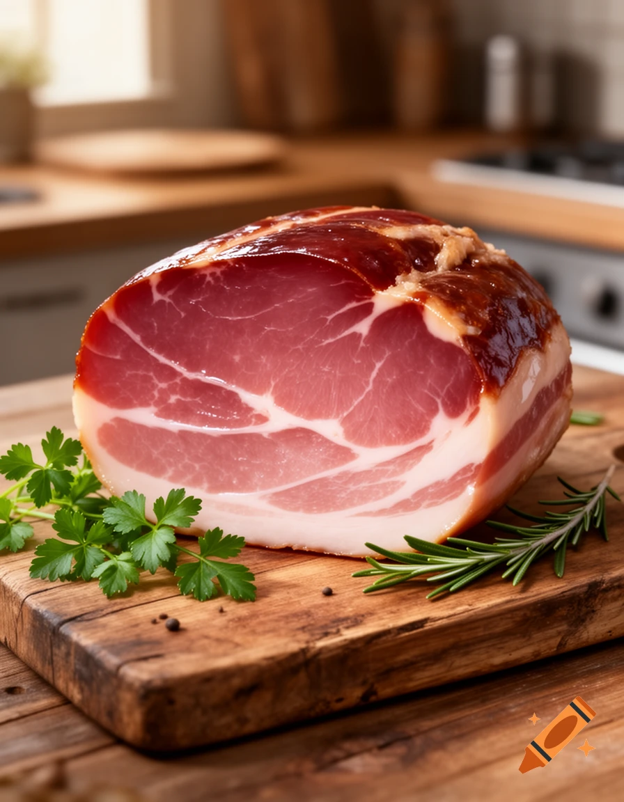 A close-up, photorealistic image of a raw cured ham on a wooden cutting board with parsley and rosemary.