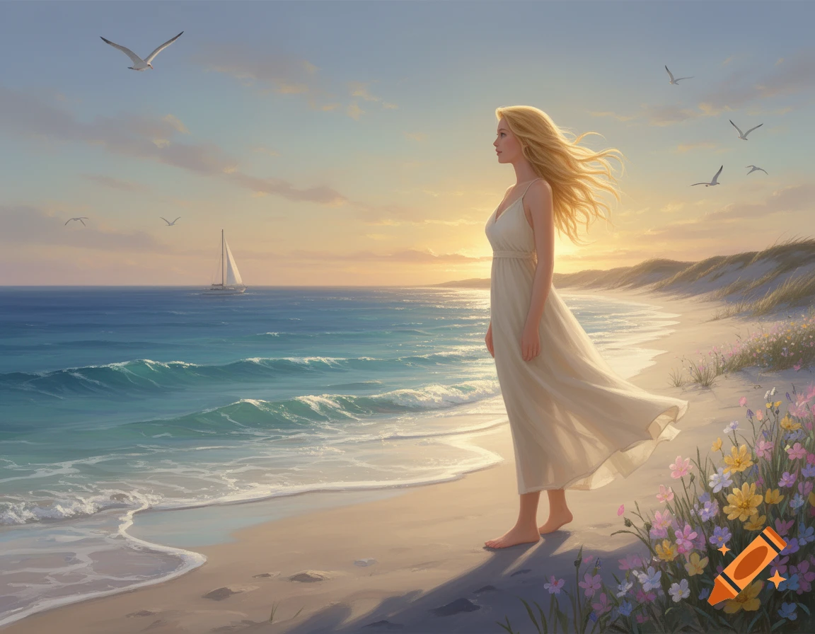 A blonde woman in a white dress stands barefoot on a sandy beach ...
