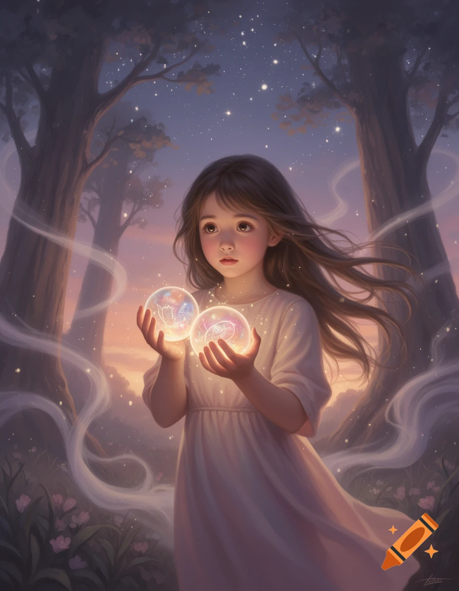 Young girl in a white dress holding two glowing magical orbs in a ...