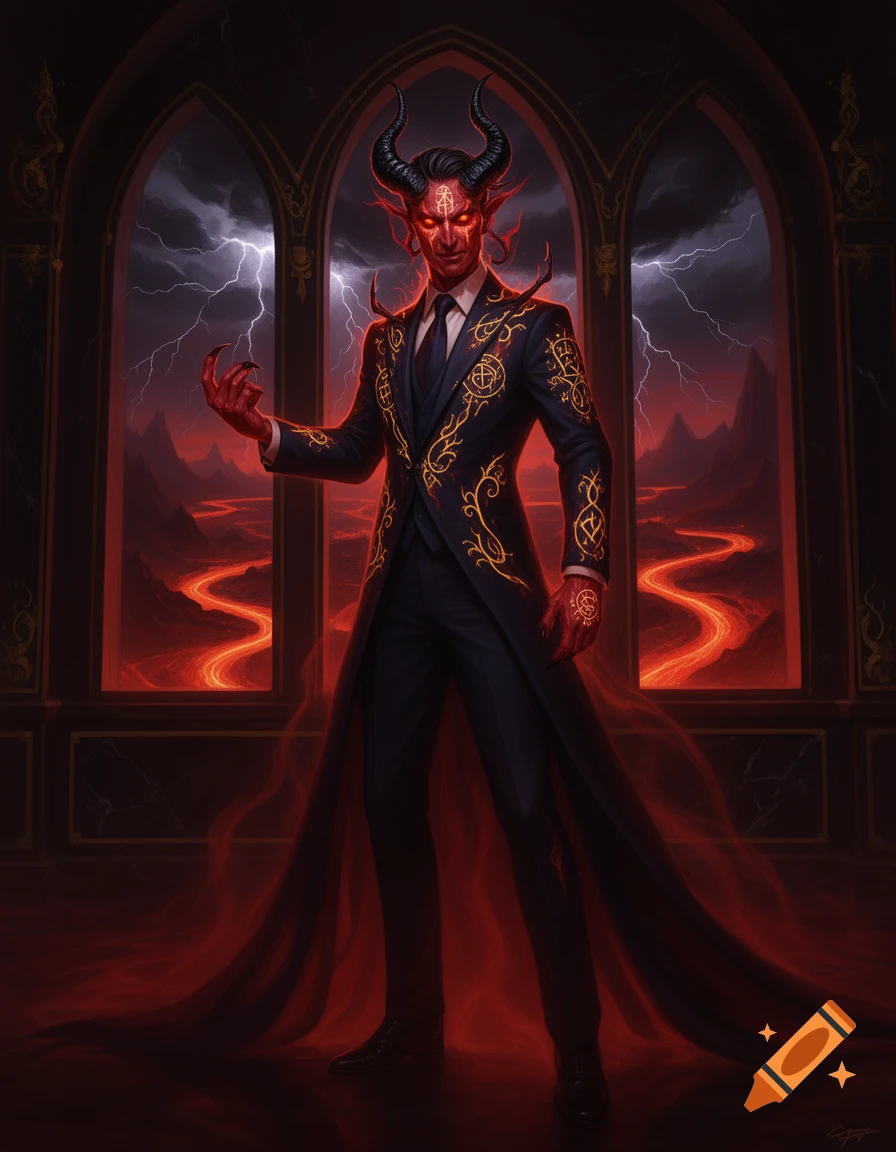 Red-skinned demon with horns and claws in a black suit with golden patterns, standing in a gothic room overlooking a stormy, lava landscape.